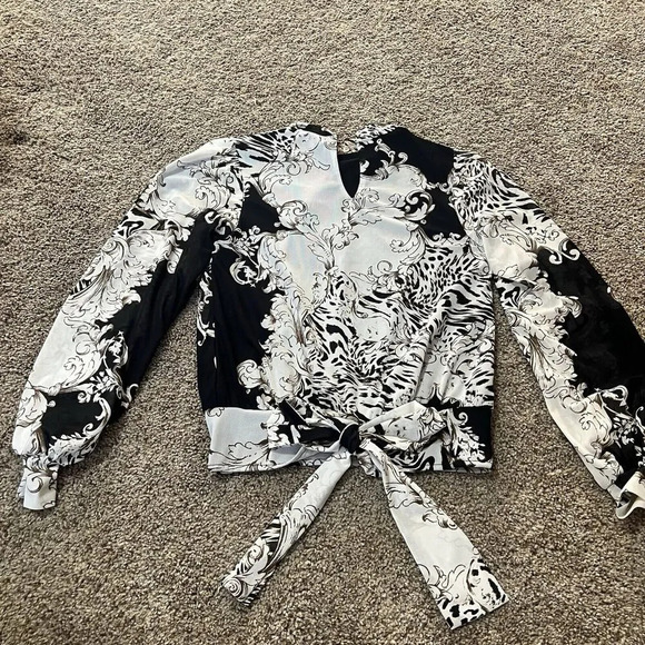 Ember‎ Mock Neck Blouse Floral Business Casual Blouson Sleeve Office Career Crop - Picture 13 of 14